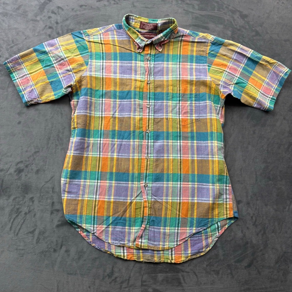 Chaps Ralph Lauren Mens Large Madras Plaid Short Sleeve Button Down Shirt Multi